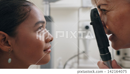 Optician, woman and checkup for vision, healthcare and eye exam with retinoscope test. Specialist, optometrist and technology for glaucoma, wellness and medical result with consultation and support Optician, woman and checkup for vision, healthcare and eye exam with retinoscope test. Specialist, optometrist and technology for glaucoma, wellness and medical result with consultation and support 142164075