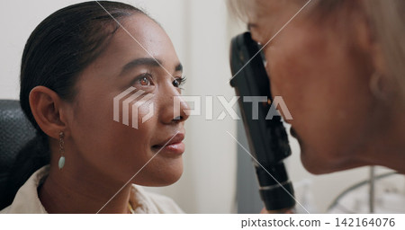 Woman, checkup and optician for vision, healthcare and eye exam with retinoscope test. Specialist, optometrist and technology for glaucoma, wellness and medical result with consultation and support 142164076