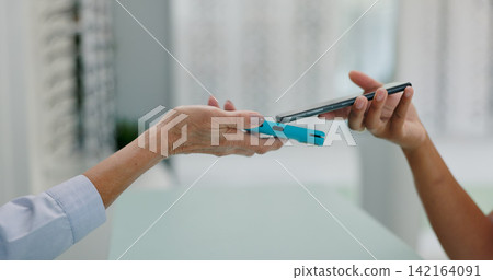 Shopping, phone and hands with contactless payment for retail service and eye care at store. Tap, machine and optometrist with customer with credit card on cellphone for purchase transaction at shop. Shopping, phone and hands with contactless payment for retail service and eye care at store. Tap, machine and optometrist with customer with credit card on cellphone for purchase transaction at shop. 142164091