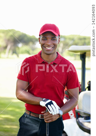Man, smile and portrait for golf and sports for play, exercise and recreation for golfclub outdoor. Golfer, athlete or black person and happy with glove and stick on field for training and activity Man, smile and portrait for golf and sports for play, exercise and recreation for golfclub outdoor. Golfer, athlete or black person and happy with glove and stick on field for training and activity 142164093