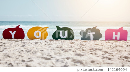 Speech bubbles, beach and sand with summer, spelling and word on the seashore with communication. Empty, color and letters with voice, lens flare and sunshine with opportunity, seaside and opinion Speech bubbles, beach and sand with summer, spelling and word on the seashore with communication. Empty, color and letters with voice, lens flare and sunshine with opportunity, seaside and opinion 142164094