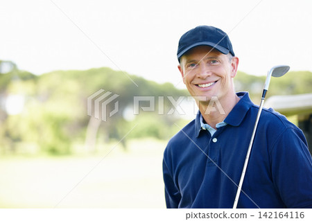 Mature man, happy and portrait on golf course for competition, health or fitness in activewear on summer day. Person, smiling and confident for exercise, tournament or outdoor contest in club Mature man, happy and portrait on golf course for competition, health or fitness in activewear on summer day. Person, smiling and confident for exercise, tournament or outdoor contest in club 142164116