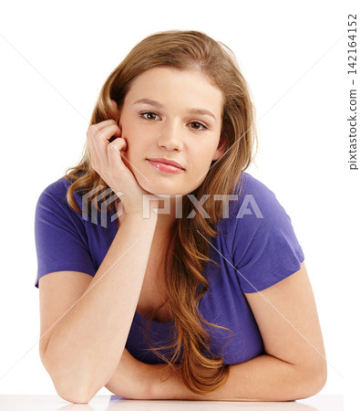 Portrait, thinking and student girl in studio with hand on chin for daydreaming, idea or inspiration on college project. Casual, face and gen z model for contemplation, thought or white background Portrait, thinking and student girl in studio with hand on chin for daydreaming, idea or inspiration on college project. Casual, face and gen z model for contemplation, thought or white background 142164152