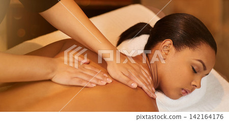 Massage, neck and shoulders in spa with girl on table with peace, wellness and luxury treatment. Masseuse, hands and calm woman relax on holiday or vacation in hotel with cosmetic service and care Massage, neck and shoulders in spa with girl on table with peace, wellness and luxury treatment. Masseuse, hands and calm woman relax on holiday or vacation in hotel with cosmetic service and care 142164176