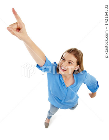 Woman, pointing and happy in studio with look for product placement, advertising or target. Female model, happiness and white background with touch for work as virtual assistant, finger in USA Woman, pointing and happy in studio with look for product placement, advertising or target. Female model, happiness and white background with touch for work as virtual assistant, finger in USA 142164332