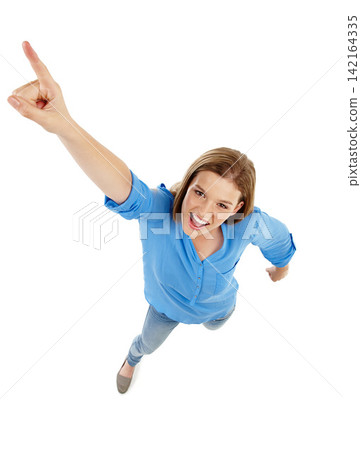 Woman, pointing and smile in studio with look for product placement, advertising or target in portrait. Female model, happiness and white background with touch for work, virtual assistant in Chicago 142164335