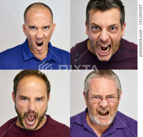 Collage, frustrated and portrait of shouting men with expression for stress, angry and furious on studio background. Noise, screaming and group for rage with short temper issue, cross and emotion Collage, frustrated and portrait of shouting men with expression for stress, angry and furious on studio background. Noise, screaming and group for rage with short temper issue, cross and emotion 142164387