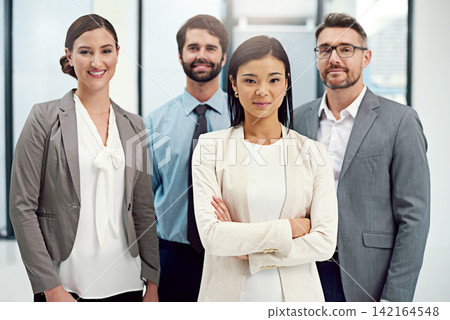 Group portrait, leadership and collaboration in office for corporate company with about us, vision and support. Lawyer team, asian woman and boss with pride in workplace for teamwork and solidarity 142164548