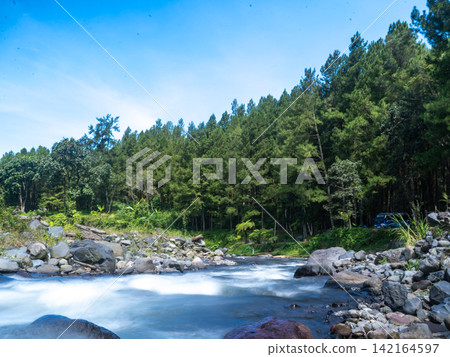 Long exposure photograph of a scenic mountain river flowing rapidly over smooth rocks through a lush green pine forest under a clear blue sky with bright white clouds. In Songgon, Banyuwangi, East Jav Long exposure photograph of a scenic mountain river flowing rapidly over smooth rocks through a lush green pine forest under a clear blue sky with bright white clouds. In Songgon, Banyuwangi, East Jav 142164597