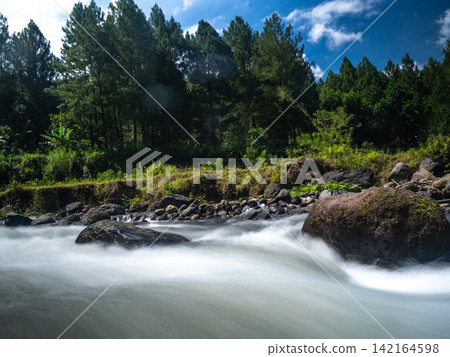Long exposure photograph of a scenic mountain river flowing rapidly over smooth rocks through a lush green pine forest under a clear blue sky with bright white clouds. In Songgon, Banyuwangi, East Jav Long exposure photograph of a scenic mountain river flowing rapidly over smooth rocks through a lush green pine forest under a clear blue sky with bright white clouds. In Songgon, Banyuwangi, East Jav 142164598