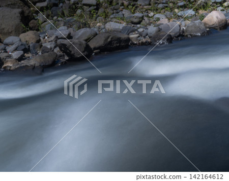Long exposure photograph of a scenic mountain river flowing rapidly over smooth rocks through a lush green pine forest under a clear blue sky with bright white clouds. In Songgon, Banyuwangi, East Jav Long exposure photograph of a scenic mountain river flowing rapidly over smooth rocks through a lush green pine forest under a clear blue sky with bright white clouds. In Songgon, Banyuwangi, East Jav 142164612