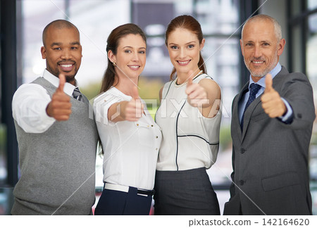 Business people, portrait and thumbs up for company agreement with collaboration, deal or corporate. Men, women and hand approval for invest opportunity or winning promotion, solidarity or good news Business people, portrait and thumbs up for company agreement with collaboration, deal or corporate. Men, women and hand approval for invest opportunity or winning promotion, solidarity or good news 142164620