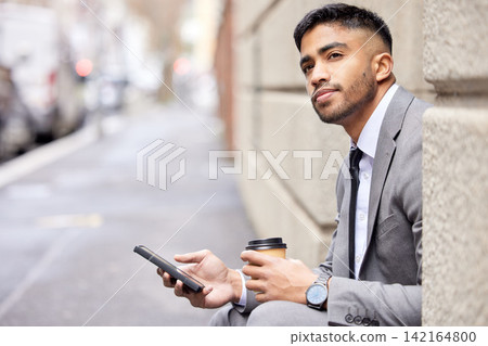 Coffee, thinking and businessman with phone in city for social media, travel and serious salesman planning future. Mobile, idea and professional in street outdoor for decision, dream or brainstorming Coffee, thinking and businessman with phone in city for social media, travel and serious salesman planning future. Mobile, idea and professional in street outdoor for decision, dream or brainstorming 142164800