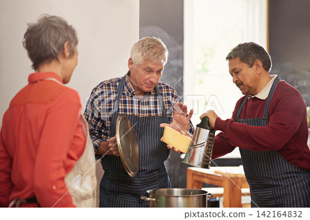 Cooking class, learning and mature people with chef in kitchen for help, guide or how to with cheese, advice or steps. Food, health and couple with private nutritionist for meal prep, teaching or fun 142164832