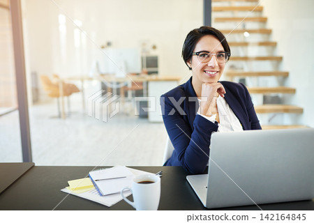 Portrait, laptop and woman in office, coffee and confidence for project, editor and corporate. Public relations, review and proofreading of articles, technology and online for company and notebook Portrait, laptop and woman in office, coffee and confidence for project, editor and corporate. Public relations, review and proofreading of articles, technology and online for company and notebook 142164845