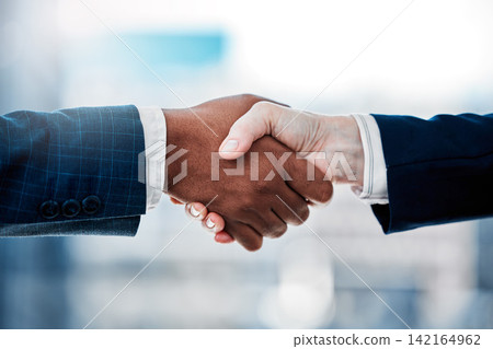 Business, woman and meeting with handshake in office for success on onboarding or deal for startup company. Male person, people and welcome greeting in corporate workplace for review with report Business, woman and meeting with handshake in office for success on onboarding or deal for startup company. Male person, people and welcome greeting in corporate workplace for review with report 142164962