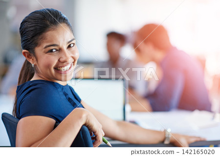 Happy, meeting and portrait of business woman with laptop in office for finance research with team. Smile, confident and female financial advisor with computer for corporate budget plan discussion. Happy, meeting and portrait of business woman with laptop in office for finance research with team. Smile, confident and female financial advisor with computer for corporate budget plan discussion. 142165020