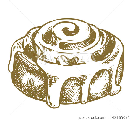 Cinnamon bun, vintage vector illustration, hand-drawn sketch. Cinnamon bun, vintage vector illustration, hand-drawn sketch. 142165055