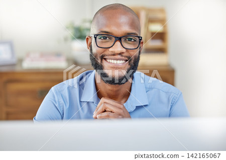 Businessman, smile and portrait with computer at desk for research, planning and internet connection. Happy, black person or entrepreneur with a desktop pc in home office for remote or freelance work 142165067