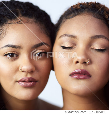 Sisters, portrait and beauty in studio, makeup and luxury cosmetics on white background. Women, friends and closeup of touch for soft skin, dermatology and skincare bonding or confident for shine Sisters, portrait and beauty in studio, makeup and luxury cosmetics on white background. Women, friends and closeup of touch for soft skin, dermatology and skincare bonding or confident for shine 142165090