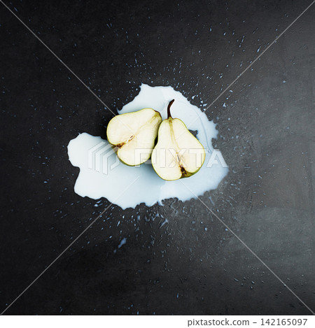 Spill, cream and fruit by dark background for above with pear, smoothie and wellness. Dairy, fresh produce and liquid with protein on countertop for healthy diet, green and milk with weight loss Spill, cream and fruit by dark background for above with pear, smoothie and wellness. Dairy, fresh produce and liquid with protein on countertop for healthy diet, green and milk with weight loss 142165097