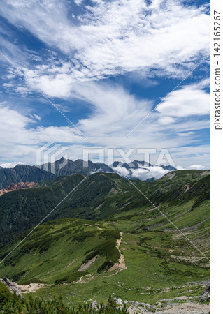 Walking along the ridgeline of the Northern Alps under a blue sky and white clouds. Walking along the ridgeline of the Northern Alps under a blue sky and white clouds. 142165267