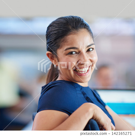 Smile, confident and portrait of business woman with laptop in office for online finance research. Happy, pride and face of female financial advisor with computer for corporate budget planning. Smile, confident and portrait of business woman with laptop in office for online finance research. Happy, pride and face of female financial advisor with computer for corporate budget planning. 142165271
