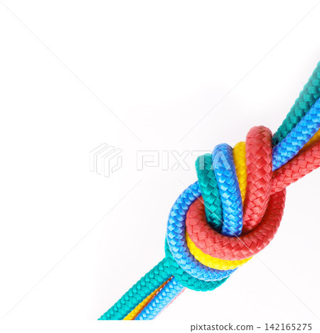 Colourful, rope and knot together in studio for tying with pride, unity and trust. Secure, rainbow and string for unique, security and stop movement of survival objects on isolated white background Colourful, rope and knot together in studio for tying with pride, unity and trust. Secure, rainbow and string for unique, security and stop movement of survival objects on isolated white background 142165275