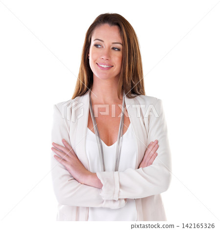 Thinking, arms crossed and woman in studio with solution, insight or conclusion on white background. Questions, why or model with idea pride, planning or remember, reflection or business plan memory Thinking, arms crossed and woman in studio with solution, insight or conclusion on white background. Questions, why or model with idea pride, planning or remember, reflection or business plan memory 142165326