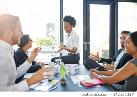 Business people, paperwork or documents on desk for discussion, project planning and collaboration, Group, professional and smile meeting in office for brainstorming, communication and ideas 142165327