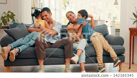 Happy family, hug and love on a sofa with care, security and support, bonding and comfort at home. Safety, trust and children embrace parents in living room for weekend, vacation or house staycation Happy family, hug and love on a sofa with care, security and support, bonding and comfort at home. Safety, trust and children embrace parents in living room for weekend, vacation or house staycation 142165345