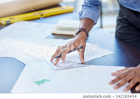 Hands, man and drawing on blueprint in office with pencil for planning a building design, layout and project as architect. Table, construction and engineering person with idea for renovations Hands, man and drawing on blueprint in office with pencil for planning a building design, layout and project as architect. Table, construction and engineering person with idea for renovations 142165434