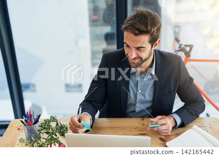 Man, sticky notes and planning in office on laptop, research and ideas on paper for agenda or schedule. Male person, lawyer and reminder to check email or news, writing info and task for proposal 142165442