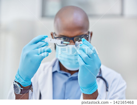 Black man, doctor and syringe for medical research, bottle and hands for medicine or cure. Injection, clinic and science for life extension drugs, futuristic and health care for pathology testing Black man, doctor and syringe for medical research, bottle and hands for medicine or cure. Injection, clinic and science for life extension drugs, futuristic and health care for pathology testing 142165468