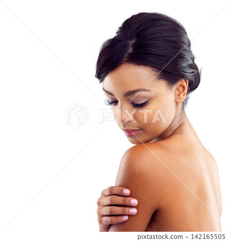 Woman, studio and dermatology with skincare, glow or cosmetics for treatment. Model, texture and beauty for body care, health and wellness with confidence or satisfaction isolated on white background Woman, studio and dermatology with skincare, glow or cosmetics for treatment. Model, texture and beauty for body care, health and wellness with confidence or satisfaction isolated on white background 142165505