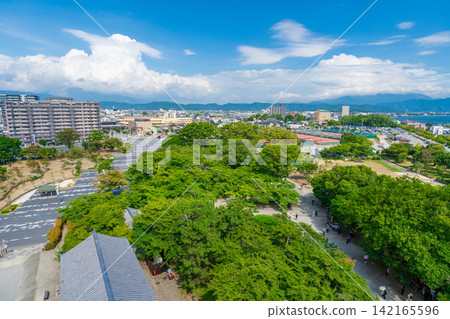 從滋賀縣長濱市的長濱城天守閣眺望長濱市和琵琶湖。 從滋賀縣長濱市的長濱城天守閣眺望長濱市和琵琶湖。 142165596