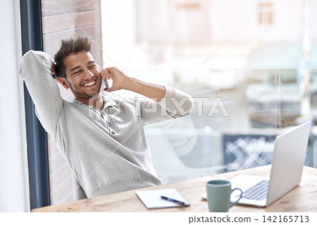 Business owner, phone call and desk for audio conversation, professional communication or telecom for online startup on laptop. Happy person, smile and cellular mobile in office for listen or discuss Business owner, phone call and desk for audio conversation, professional communication or telecom for online startup on laptop. Happy person, smile and cellular mobile in office for listen or discuss 142165713