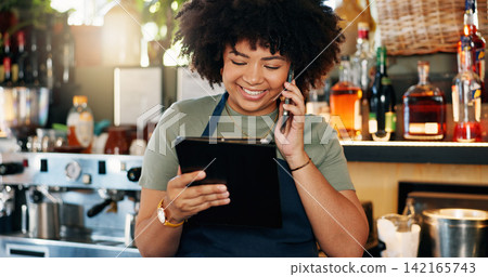 Tablet, bartender and happy woman on cellphone call, discussion and order alcohol stock, store delivery or distribution. Commerce, phone and small business owner consulting on drinks supply chain Tablet, bartender and happy woman on cellphone call, discussion and order alcohol stock, store delivery or distribution. Commerce, phone and small business owner consulting on drinks supply chain 142165743