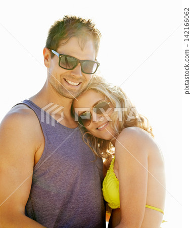 Happy, couple and hug on vacation by beach with sunglasses, smile and holiday for memories or honeymoon. Woman, man and relationship at destination by ocean for trip, getaway or weekend for bonding Happy, couple and hug on vacation by beach with sunglasses, smile and holiday for memories or honeymoon. Woman, man and relationship at destination by ocean for trip, getaway or weekend for bonding 142166062