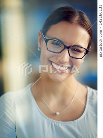 Woman, smile and office in portrait with glasses in confidence for company for employee. Female person, smiling and work with pride for job in admin in workplace, eyewear and social media marketing Woman, smile and office in portrait with glasses in confidence for company for employee. Female person, smiling and work with pride for job in admin in workplace, eyewear and social media marketing 142166133
