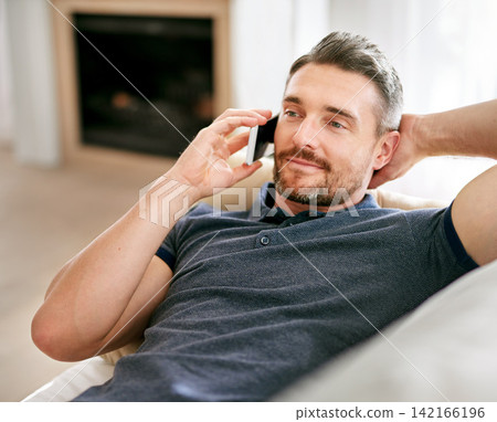 Home, relax and phone call with man, communication and contact with technology and mobile user. Person on a couch, apartment and guy with cellphone and conversation with discussion, talk and speaking Home, relax and phone call with man, communication and contact with technology and mobile user. Person on a couch, apartment and guy with cellphone and conversation with discussion, talk and speaking 142166196
