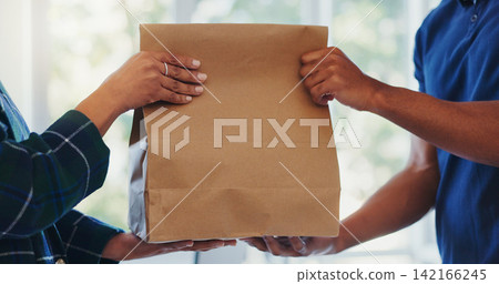 Hands, package and paper bag as delivery with customer or client order, parcel and courier. People, shopping and online with service at postal address or workplace as employee in retail and together Hands, package and paper bag as delivery with customer or client order, parcel and courier. People, shopping and online with service at postal address or workplace as employee in retail and together 142166245