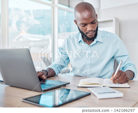 Writing, typing and black businessman multitask in office, workspace or professional for work in corporate career. Productivity, employee and laptop or notebook for planning, agenda and communication 142166297