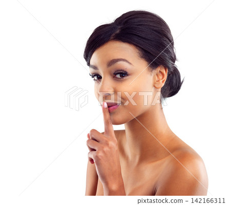 Woman, studio and shush with skincare, glow and cosmetics for treatment. Model, texture and beauty for care, health and wellness with confidence and satisfaction isolated on white background Woman, studio and shush with skincare, glow and cosmetics for treatment. Model, texture and beauty for care, health and wellness with confidence and satisfaction isolated on white background 142166311