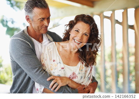 Portrait, smile and couple hug together for love, connection or trust at backyard for partnership. Face, happy woman and embrace mature man with care, commitment and healthy relationship for support Portrait, smile and couple hug together for love, connection or trust at backyard for partnership. Face, happy woman and embrace mature man with care, commitment and healthy relationship for support 142166352