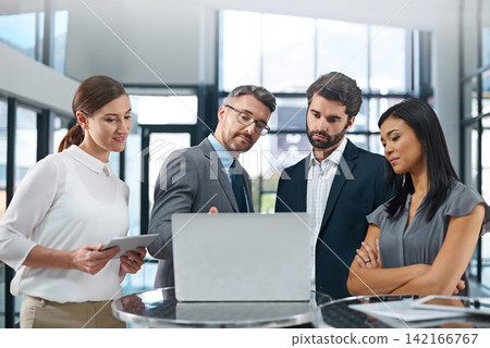 Conversation, people and meeting in office with laptop for business report or online growth with information sharing. Manager, employees and paperwork to show review, corporate and careers in sales. 142166767