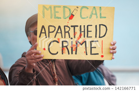 Person, protest and board in street for vaccine, opinion and sign for corona, medical or human rights. Crowd, support and fight to stop pharma crime with choice, decision and covid with voice in city Person, protest and board in street for vaccine, opinion and sign for corona, medical or human rights. Crowd, support and fight to stop pharma crime with choice, decision and covid with voice in city 142166771
