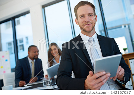 Meeting, tablet and portrait of business man in office for discussion, collaboration and financial report. Corporate, professional and employee for budget planning, teamwork or online revenue 142167027
