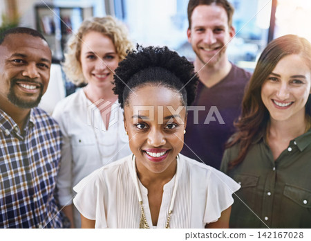 Happy woman, portrait and office with creative team in business startup, growth or diversity. Face of female person, employee or leader in multicultural group, unity or pride in about us at workplace Happy woman, portrait and office with creative team in business startup, growth or diversity. Face of female person, employee or leader in multicultural group, unity or pride in about us at workplace 142167028