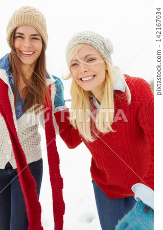 Friends, women and happy outdoor in snow for memories on holiday, fun and break in Canada. Portrait, laugh and smile in winter vacation for adventure, travel and trip to relax for bonding and support Friends, women and happy outdoor in snow for memories on holiday, fun and break in Canada. Portrait, laugh and smile in winter vacation for adventure, travel and trip to relax for bonding and support 142167034